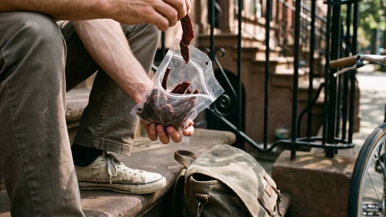 Pulling a strip of jerky from the bag on a brownstone stoop