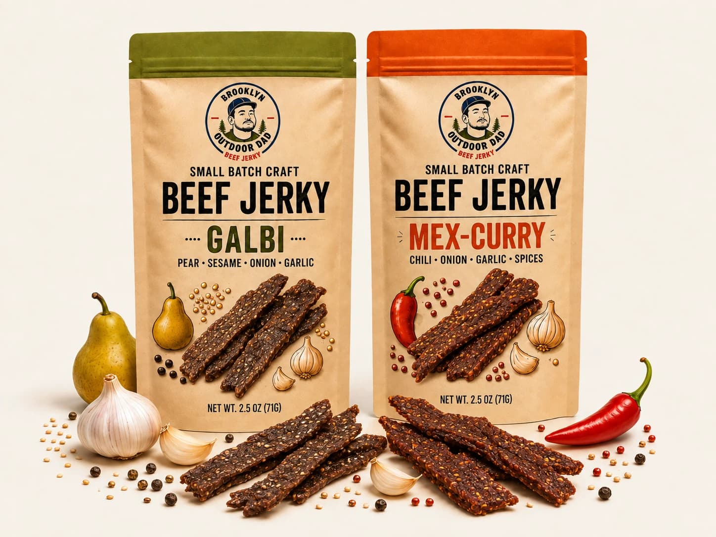 Brooklyn Outdoor Dad Galbi and Mex-Curry beef jerky pouches with loose strips, garlic, pear and chili